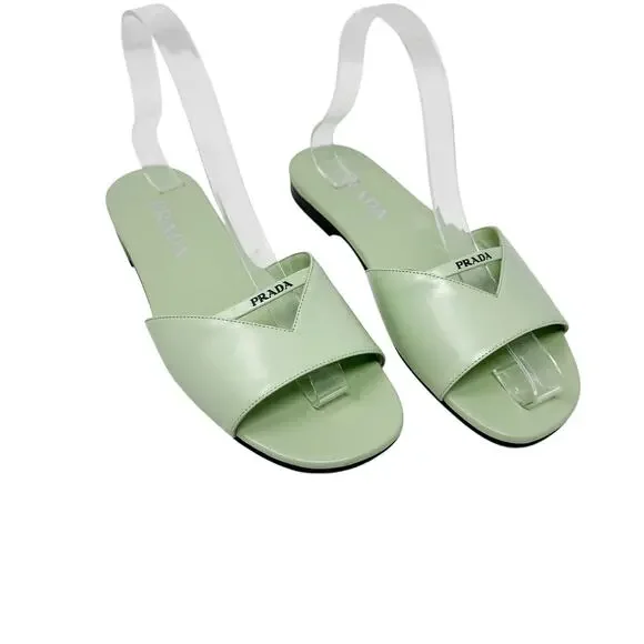 Prada Acqua Green Leather Flat Slide Sandals Size 38 with Box